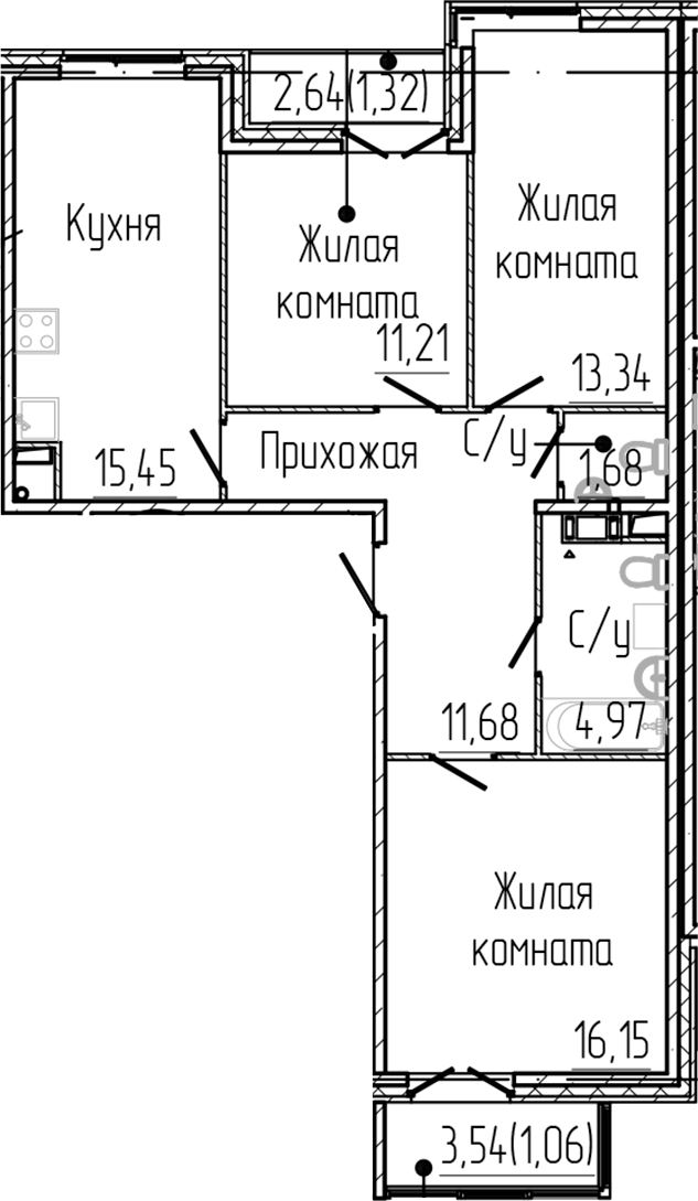 3-комнатная квартира 76.86 м², 3/4 эт., ЖК «SERTOLOVO PARK»